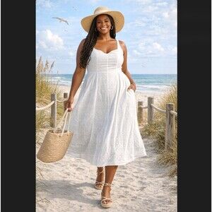 Old Navy Eyelet Midi Dress 3X White Fit Flare Textured Pockets Lined Cotton NWT